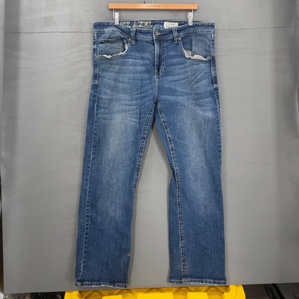 TK Axel Slim Bootcut Jeans Blue Denim Embroidered Pockets 38 x 32 - Picture 2 of 6